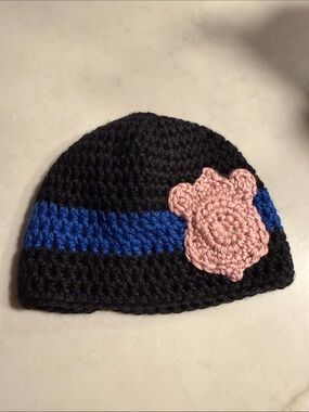 Police Black Kids Beanie with Blue Stripe and Pink Badge